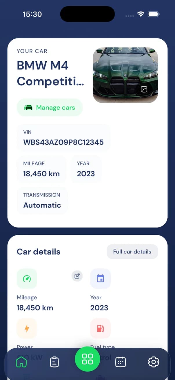 Car Service Book iOS vehicle overview with example data